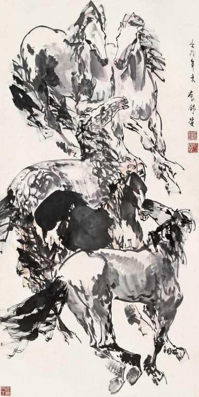 刘勃舒 壬戌（1982年） 五骏 立轴